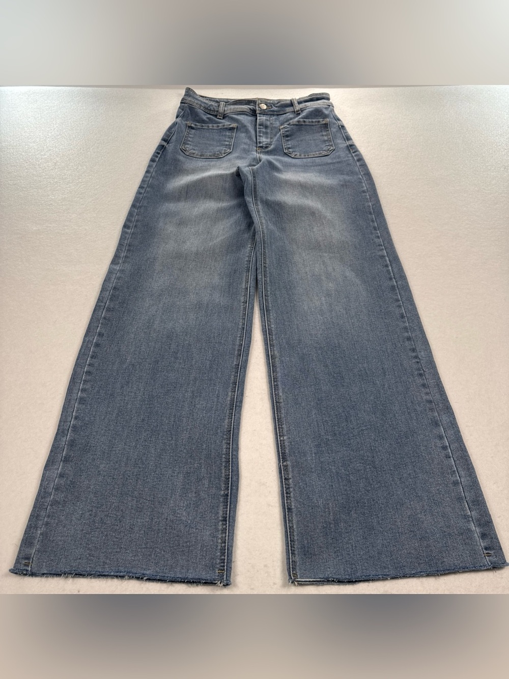 OAT New York Wide Leg Jeans Light Wash Raw Hem Patch Pockets Blue Size 4/27 - Picture 5 of 8